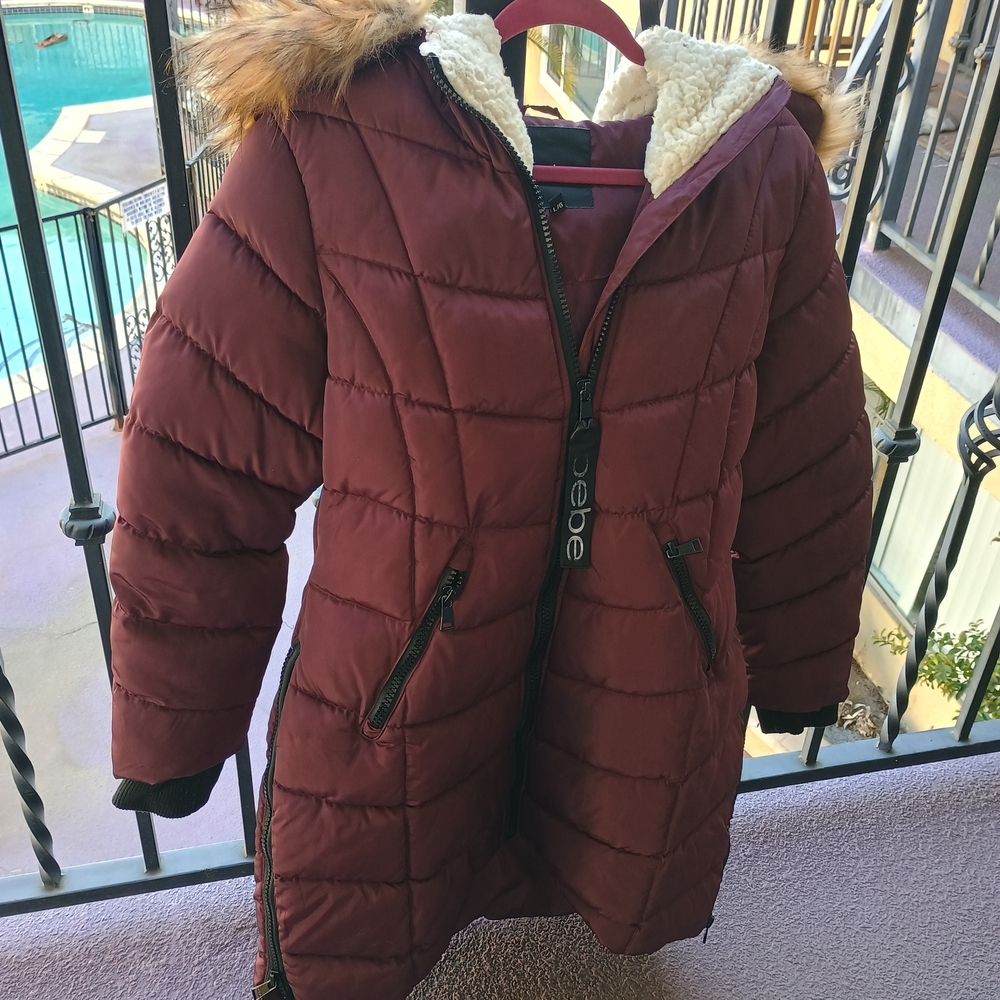 Maroon Puffer Jacket with Faux Fur Hood